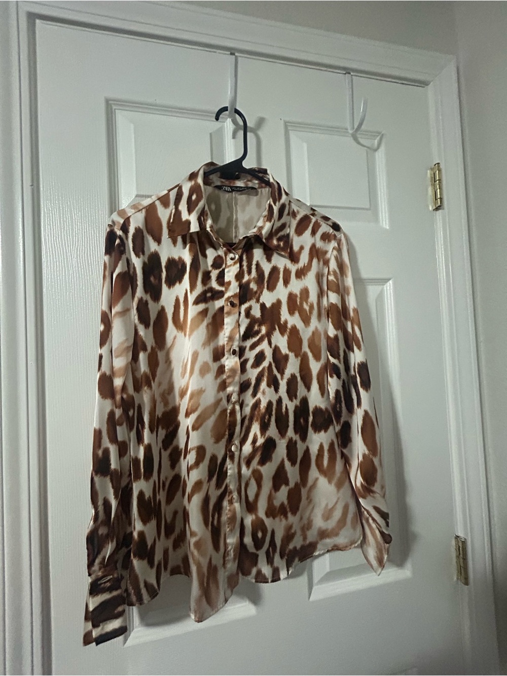 ZARA Brown and Cream Satin Animal-Print Blouse